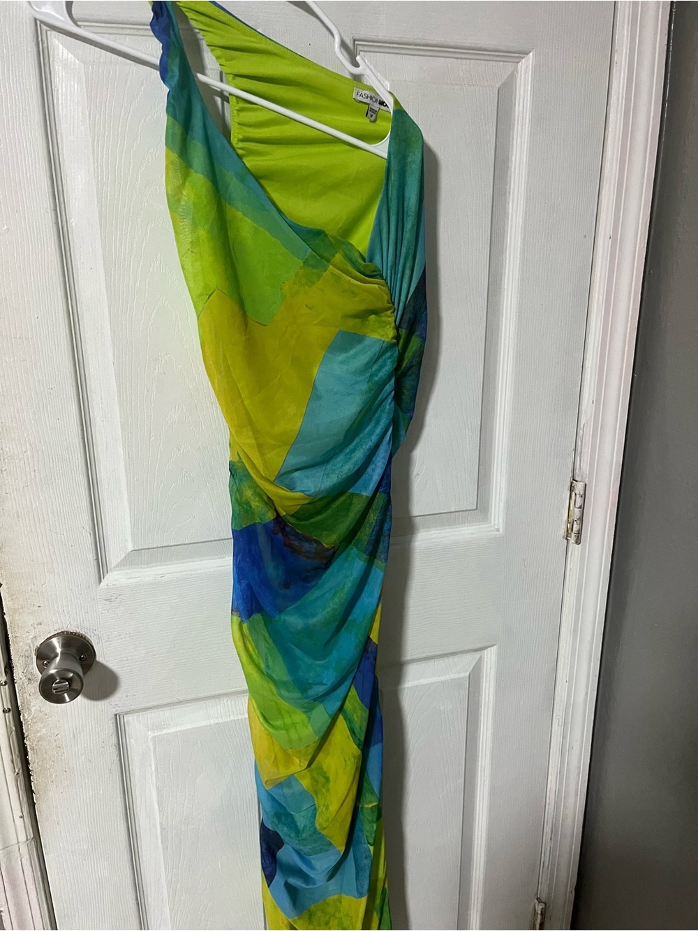 Fashion Nova One-Shoulder Maxi Dress in Lime & Teal
